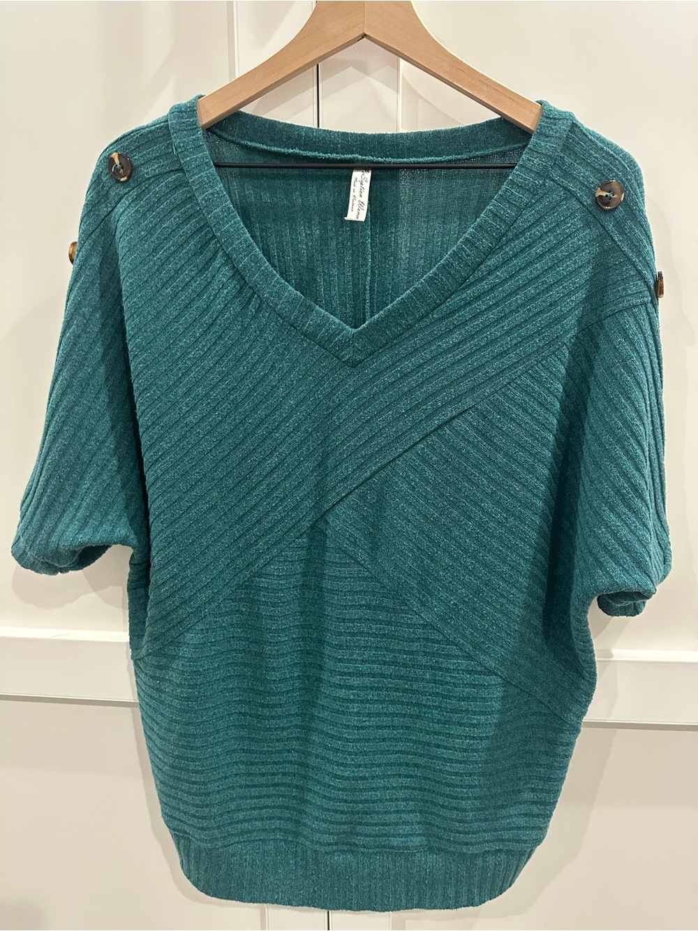 Perseption Teal V-Neck Ribbed Short Sleeve Sweater with Button Shoulders